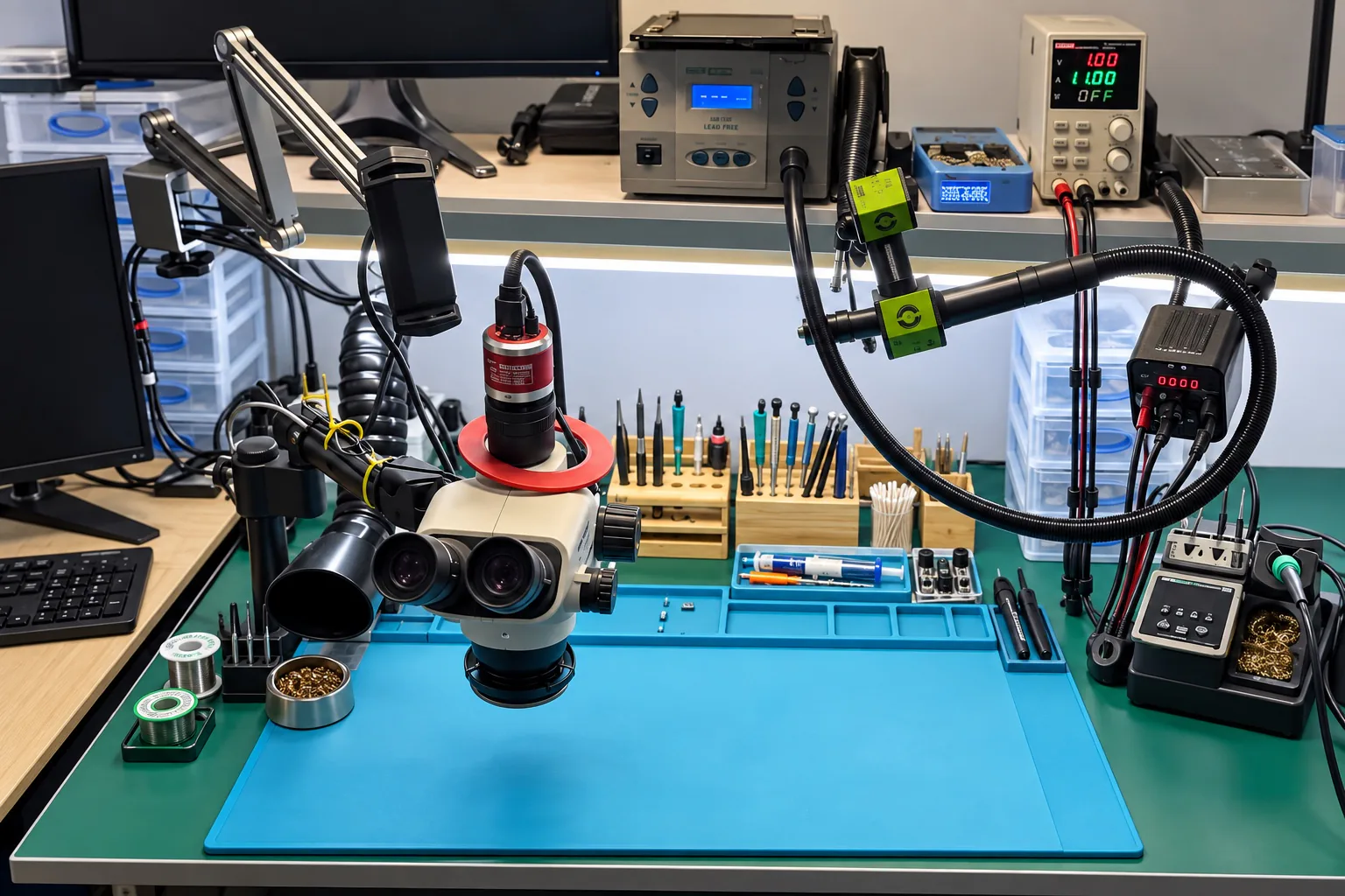 Microsoldering and diagnostic workbench at Digital Force
